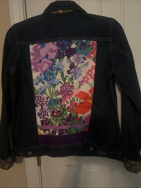 Dark Denim Jacket with Vibrant Floral Back Panel cuff designer print